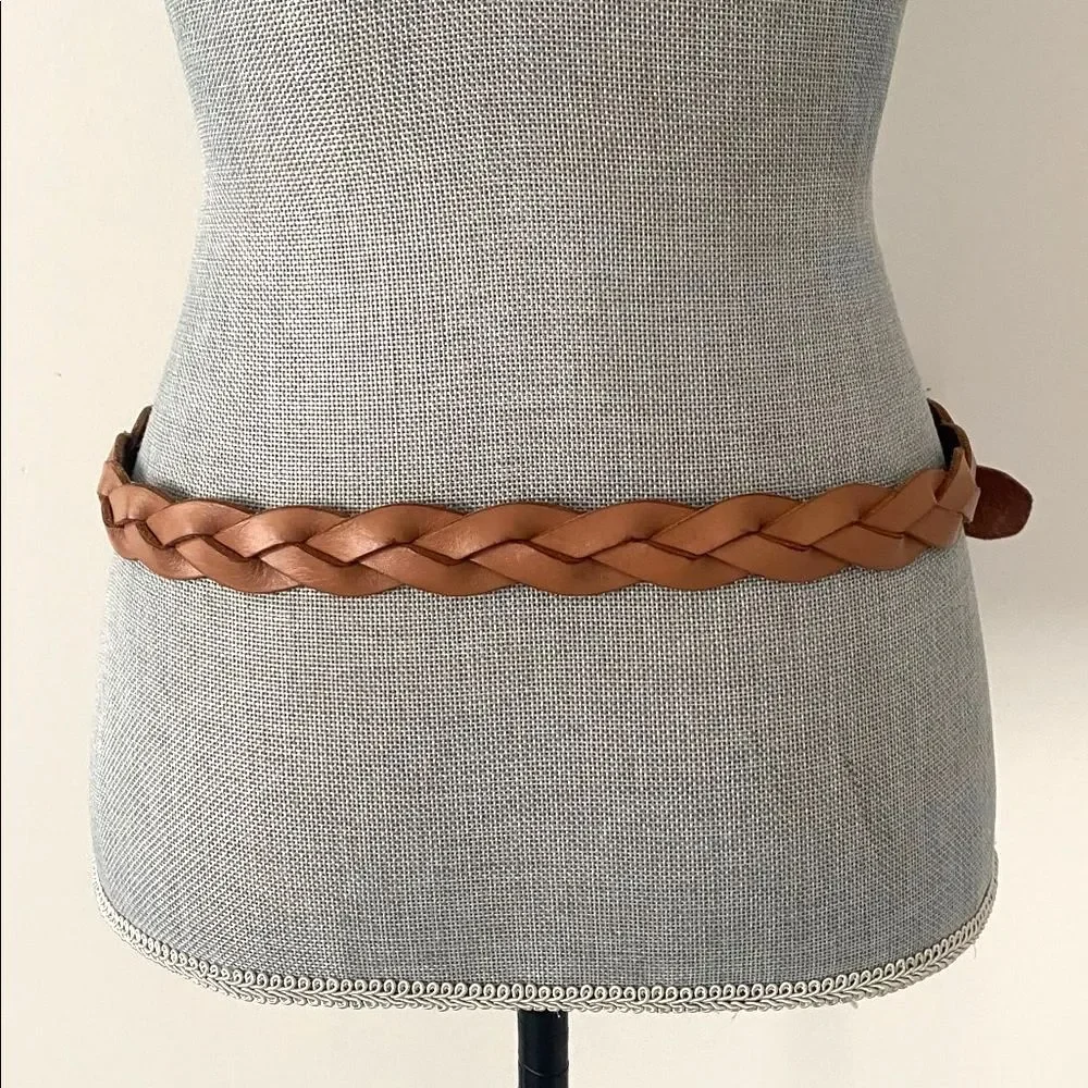 GAP Braided Tan Leather Belt Antique Brass Buckle OS Boho Western Cottage Beach